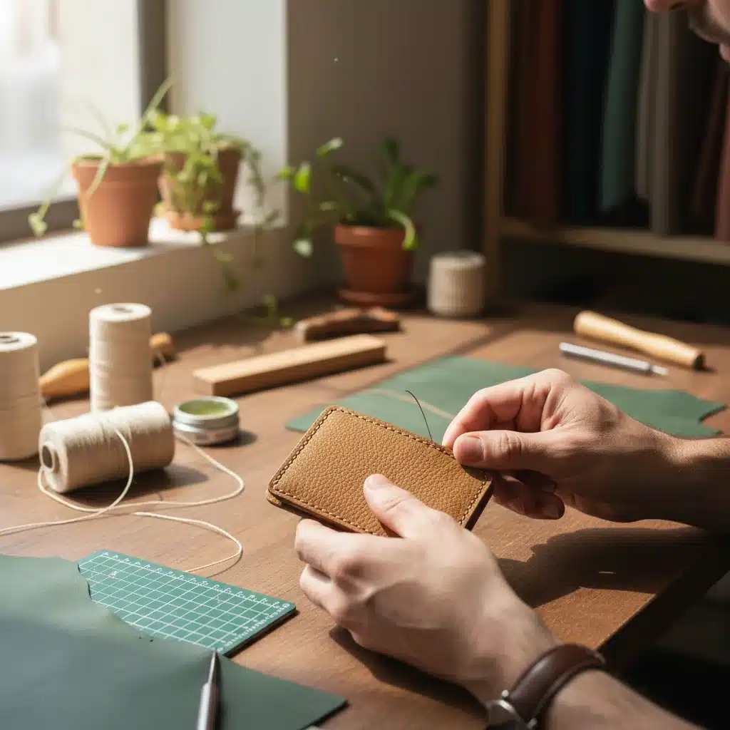Artisan crafting a vegan leather wallet, highlighting sustainable craftsmanship and ethical production.