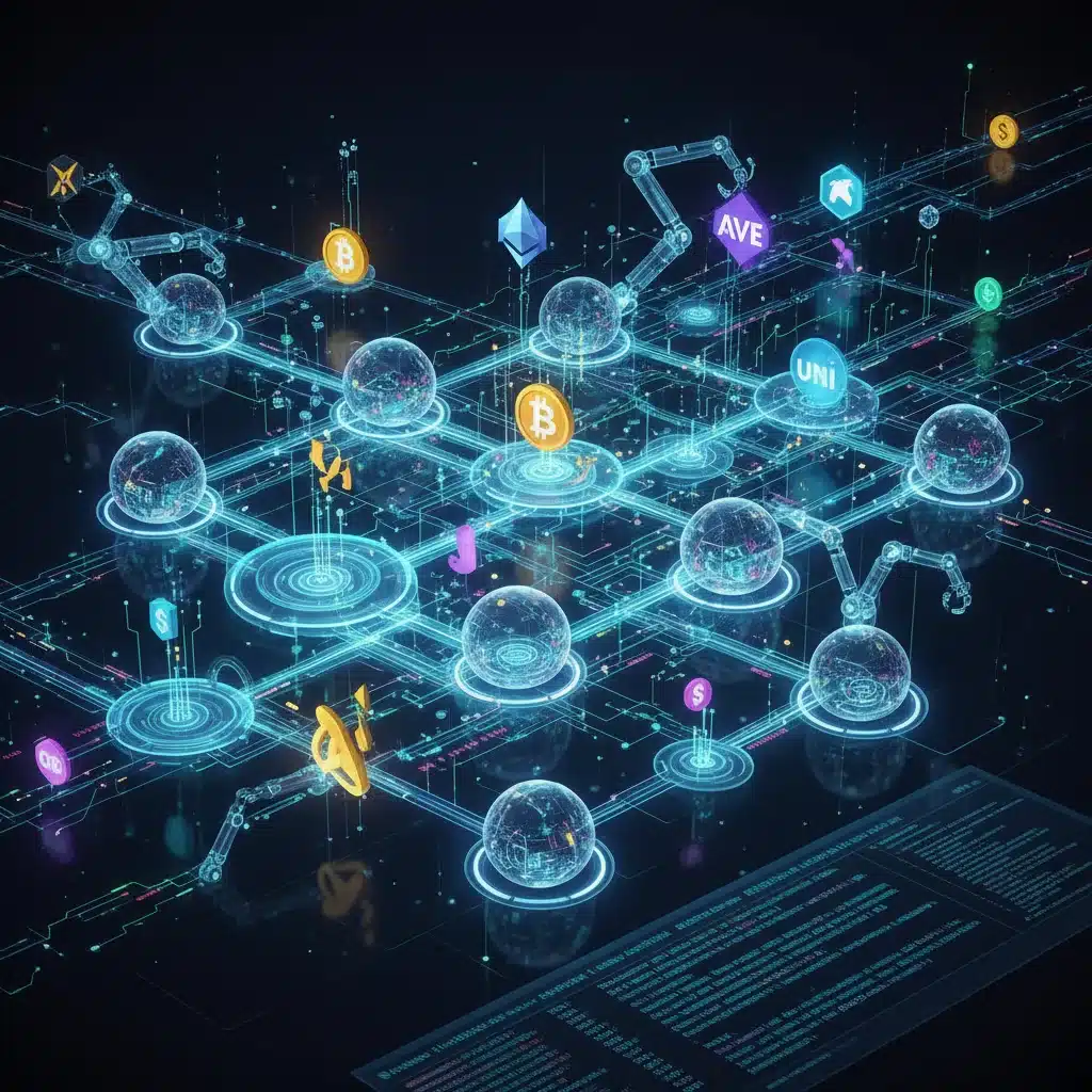Decentralized finance network with interconnected nodes and digital assets