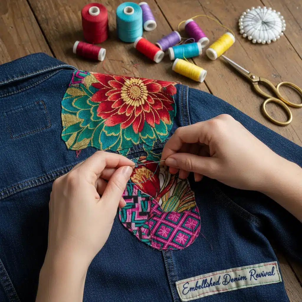 Hands sewing colorful patches onto a denim jacket, demonstrating a DIY upcycling technique.