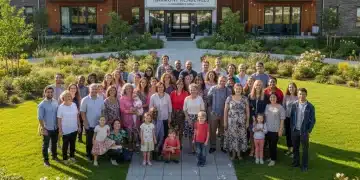 Diverse community standing happily in front of modern affordable housing complex, symbolizing federal housing assistance success.