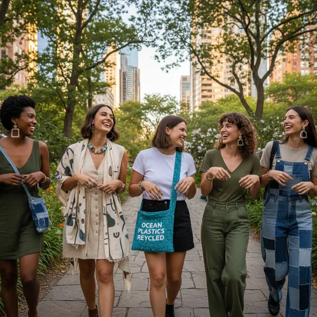 Diverse individuals modeling eco-friendly accessories in an urban park, showcasing sustainable style.