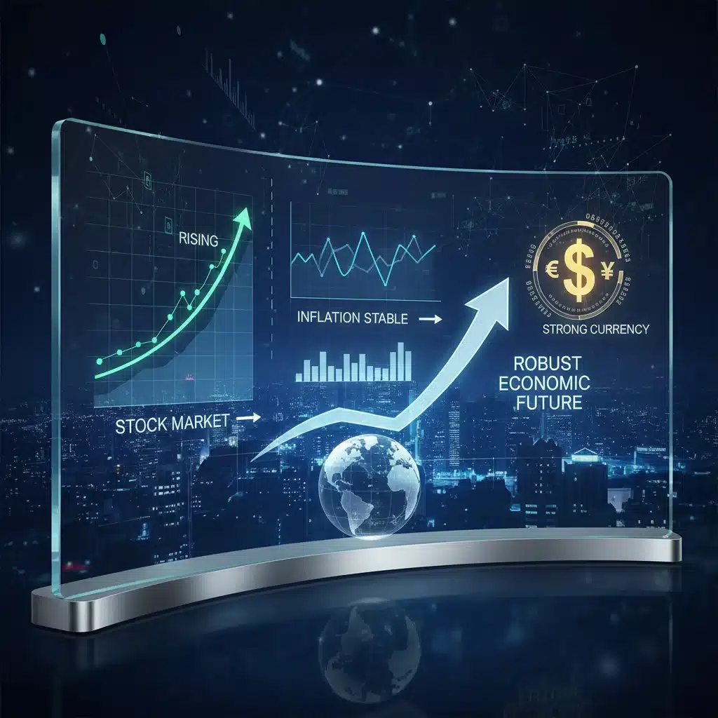 Economic indicators showing a rising stock market and stable inflation, indicating a robust economic future.