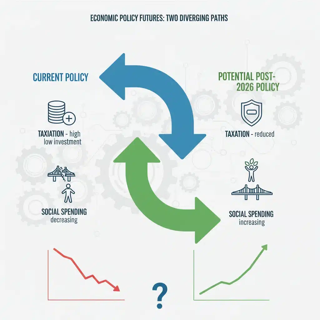 Infographic illustrating diverging economic policy paths post-2026 midterm elections.