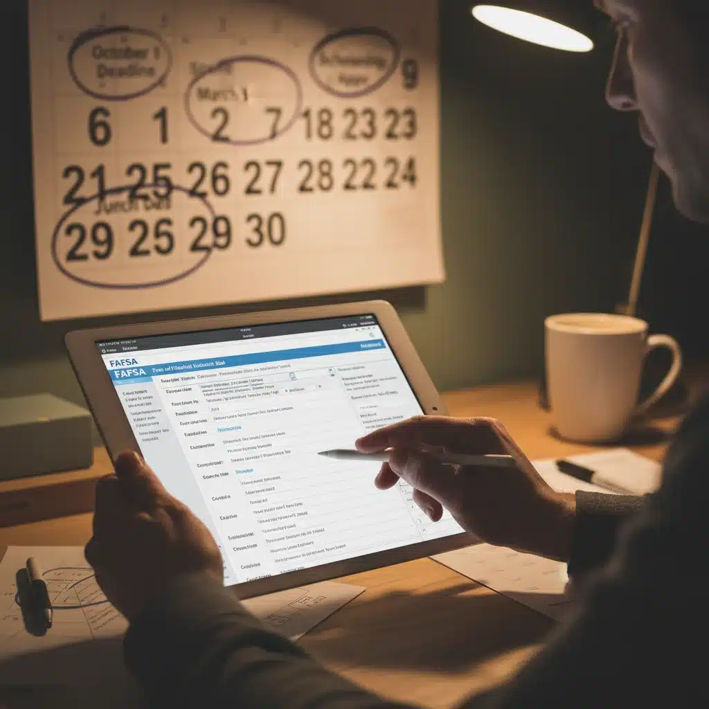 Hands filling out FAFSA form on tablet, calendar with deadlines