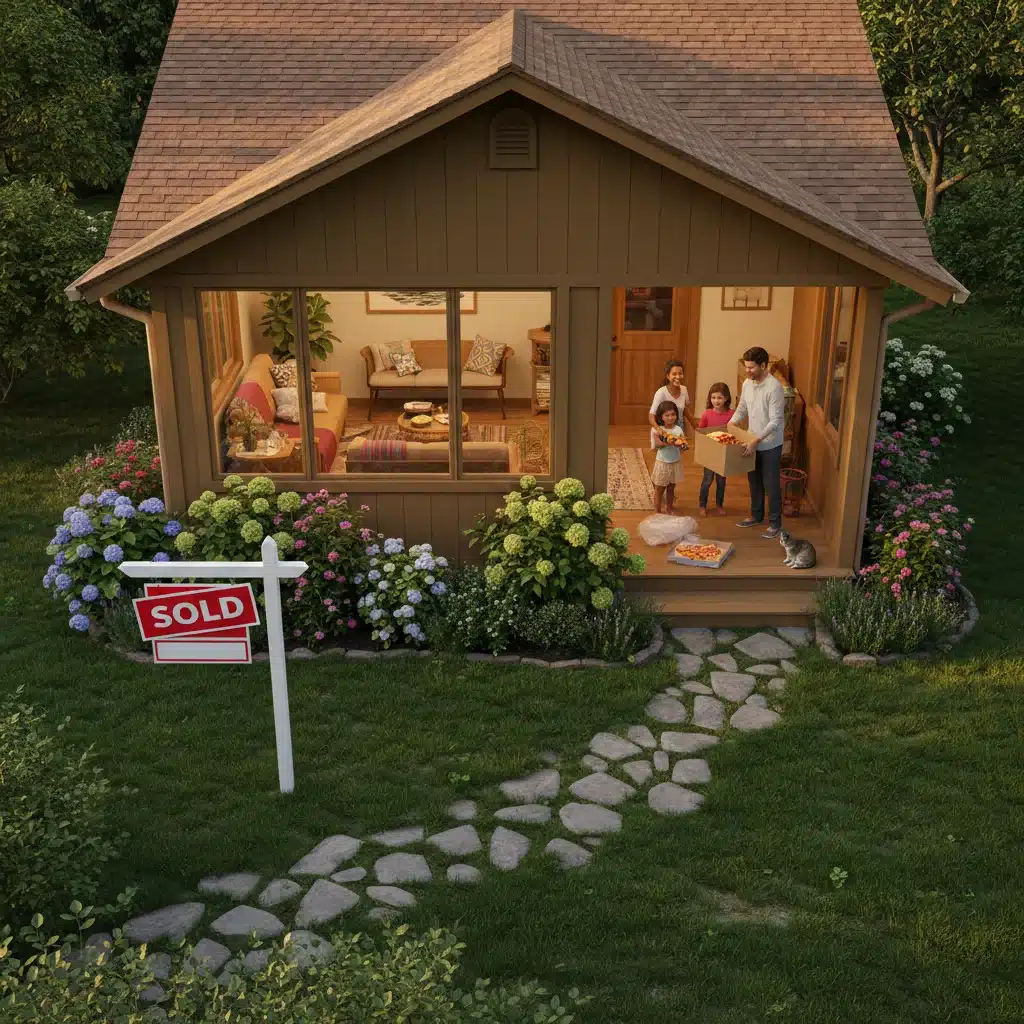 Happy family unpacking in their new home, symbolizing successful homeownership assistance.