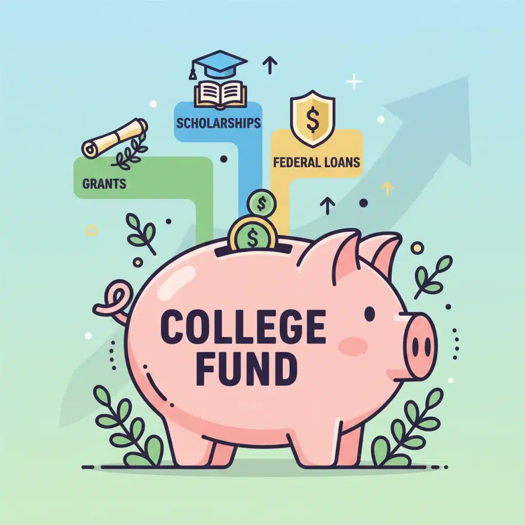 Illustration of grants, scholarships, and loans funding a college piggy bank