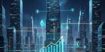 Futuristic digital currency investment landscape with blockchain and financial growth