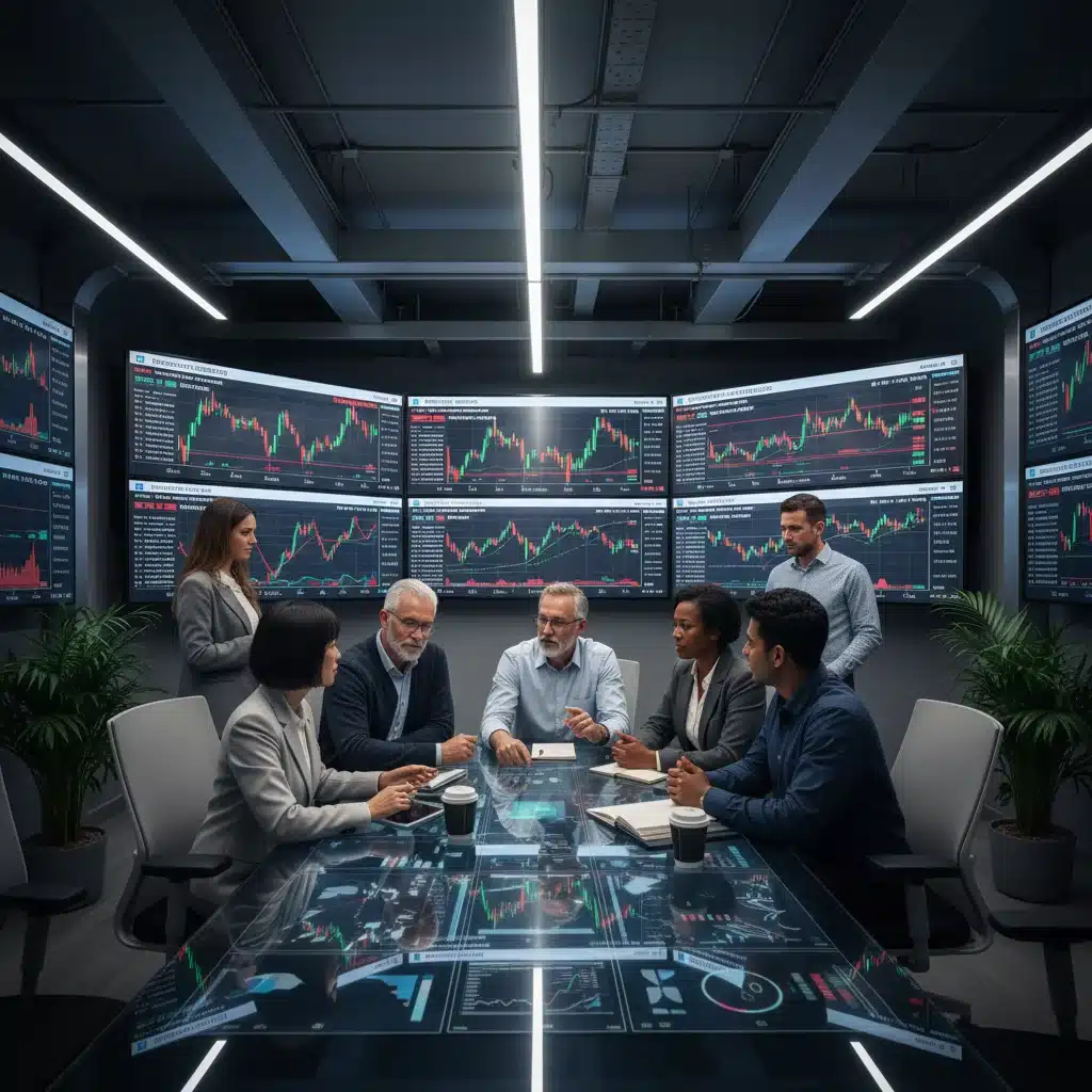 Diverse investors analyzing cryptocurrency charts and discussing strategies