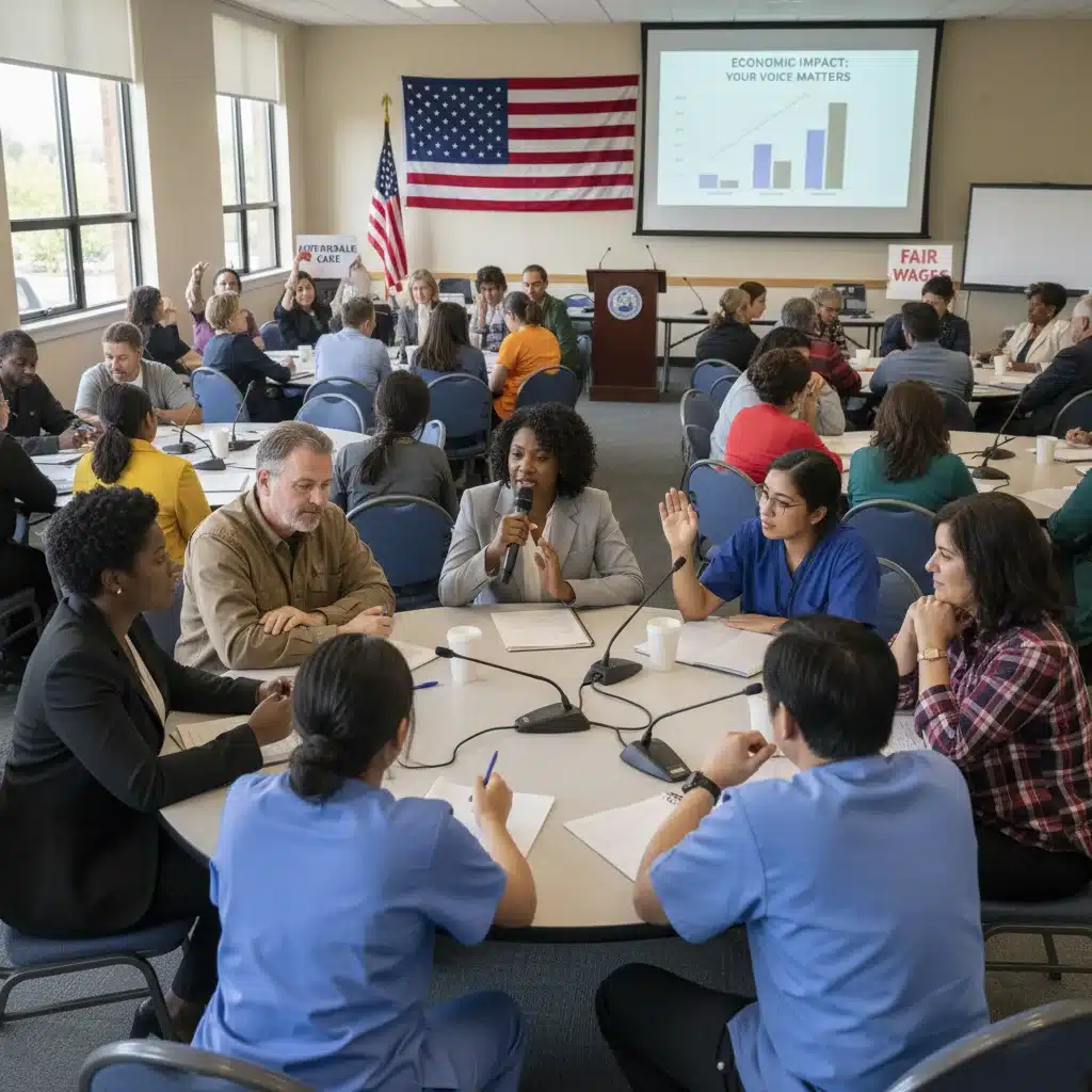 Diverse citizens discussing economic policy and political impact in a town hall setting.