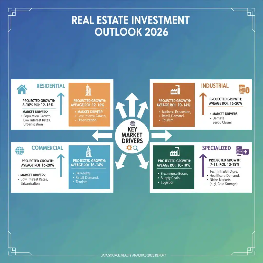 Infographic of real estate investment sectors and projected ROI 2026