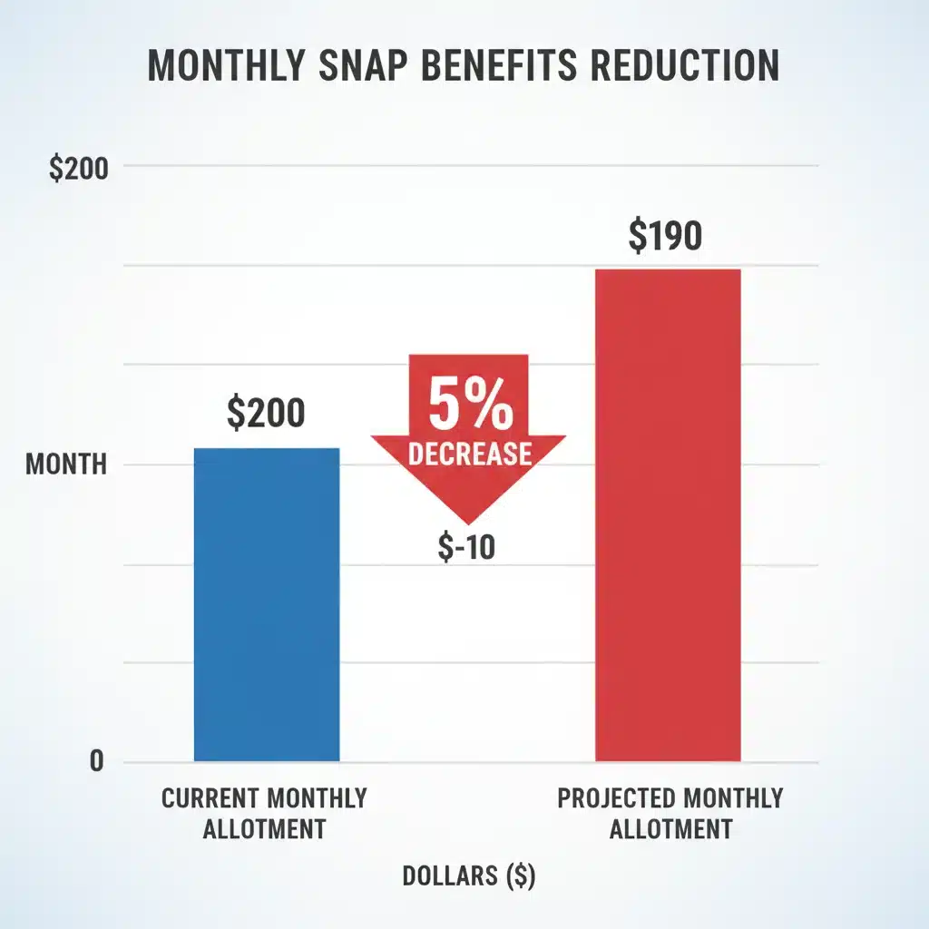 Infographic showing a 5% decrease in monthly SNAP benefits due to policy changes