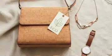 Collection of sustainable fashion accessories including cork bag, recycled metal jewelry, bamboo sunglasses, and vegan leather watch.