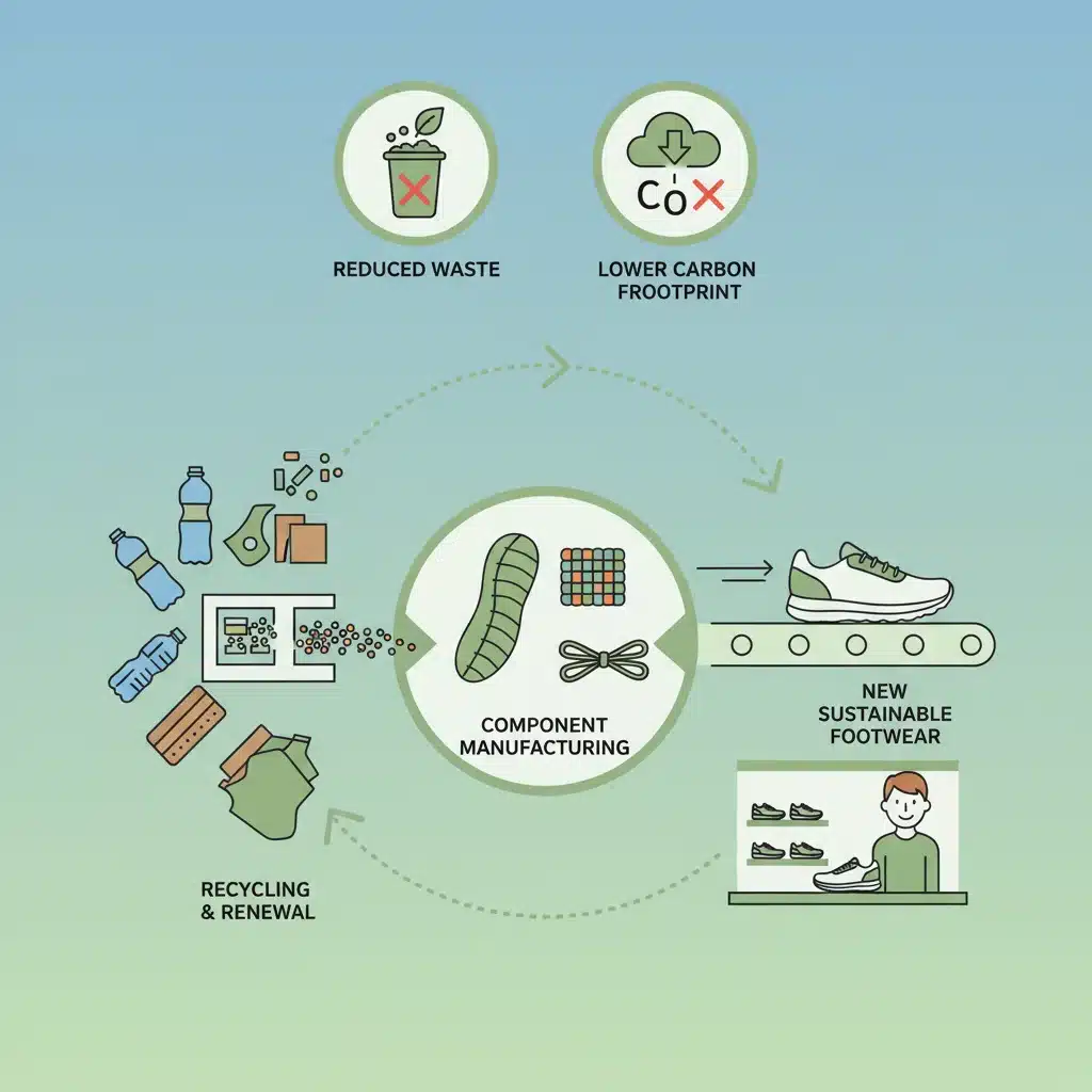 Diagram illustrating a circular economy and sustainable supply chain for eco-friendly shoes