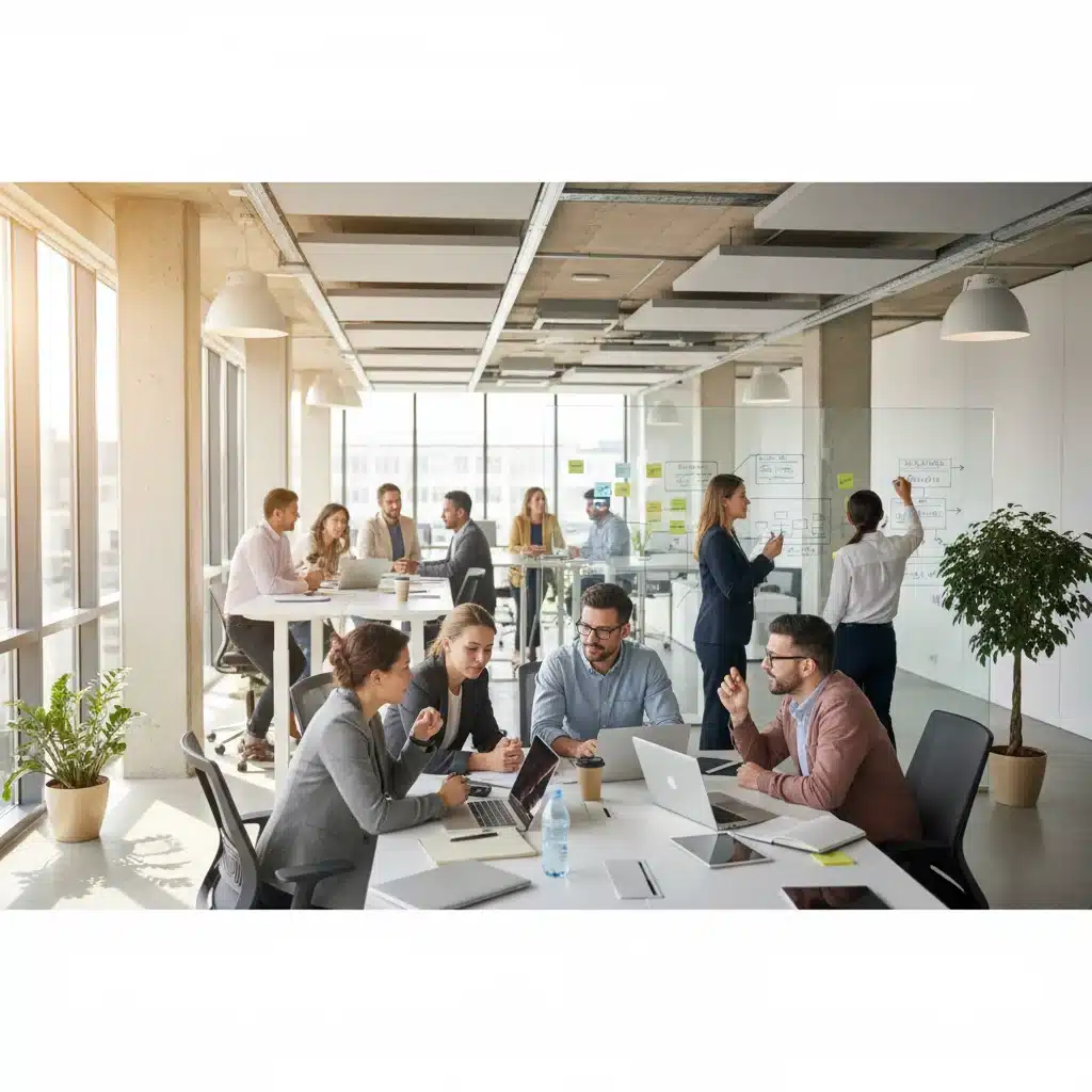 Diverse professionals collaborating in a modern office, symbolizing a thriving workforce.