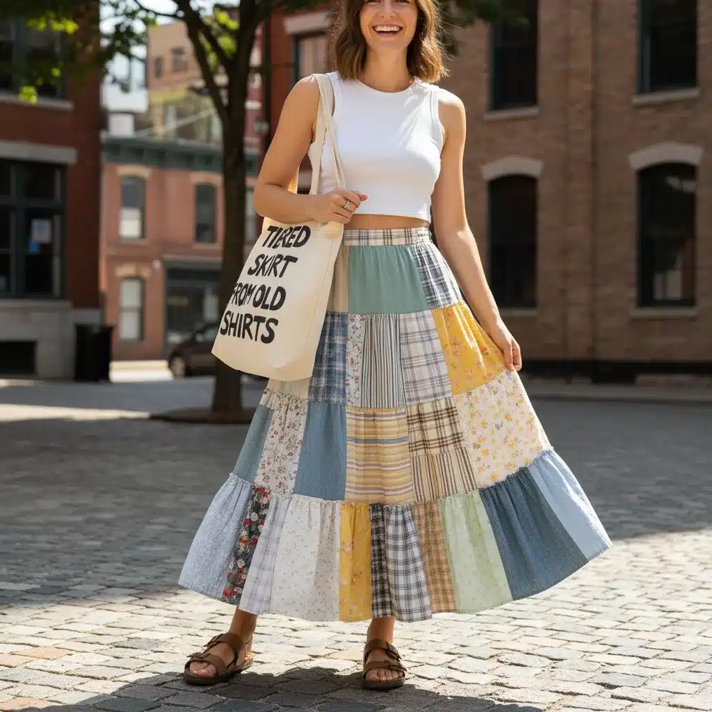 Person wearing a fashionable tiered skirt made from upcycled shirts, showcasing sustainable style.