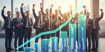Graph showing declining unemployment rate with diverse people celebrating economic prosperity.